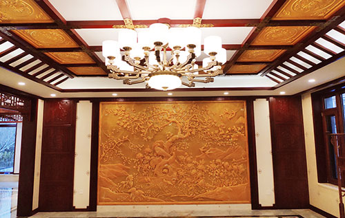 滁州中式别墅客厅中式木作横梁吊顶装饰展示